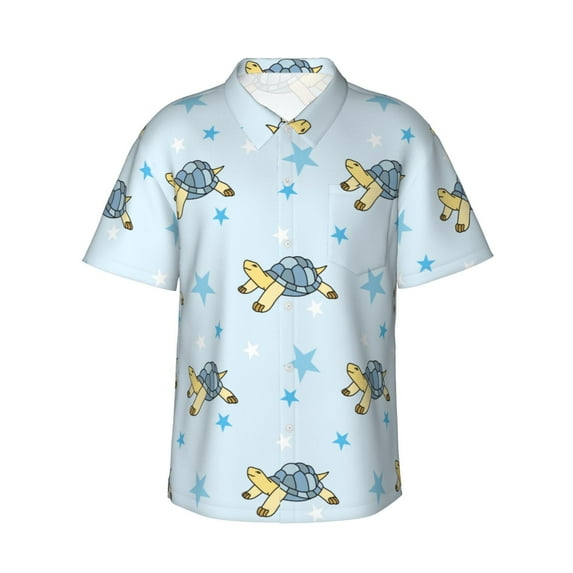 Uemuo Cartoon Turtle Printed Regular Fit Short Sleeve Casual Hawaiian Shirt for Men,Aloha shirt,Tropical shirt,Floral print shirt,Vacation Beach shirt-Small