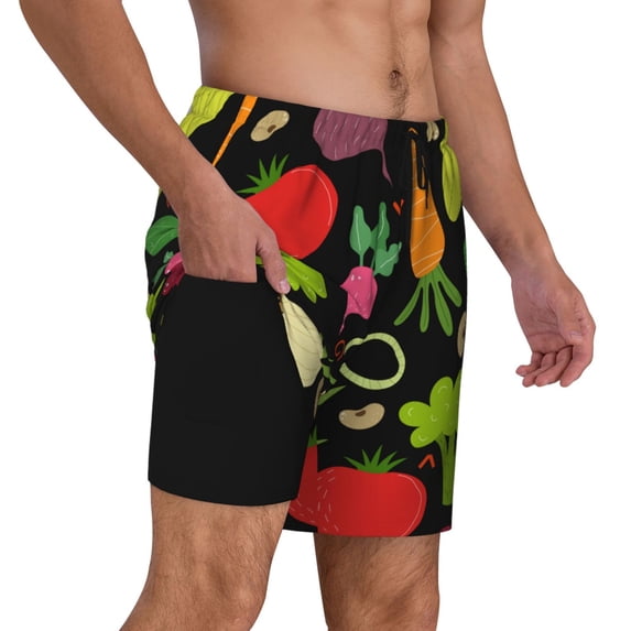 Uemuo Cartoon Vegetables Pattern Mens Swim Trunks Quick Dry Board Shorts with Mesh Lining, Stretch Beach Shorts Quick Dry No-Chafing Board Shorts-Medium