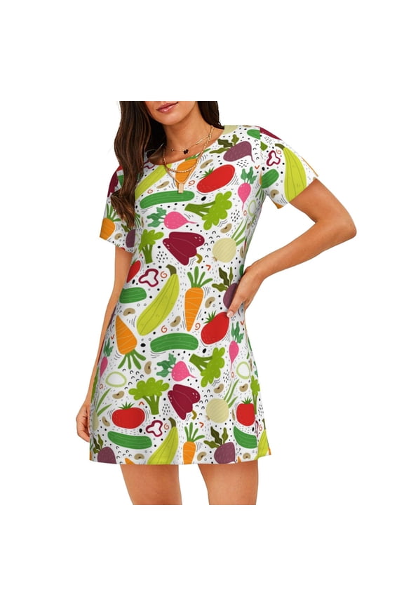 Cartoon Vegetables Pattern Women’s Nightdress – Casual Sleep Shirt, Soft Relaxed Fit Short-Sleeved Cotton Sleepwear for Home, Bedtime, and Lounging