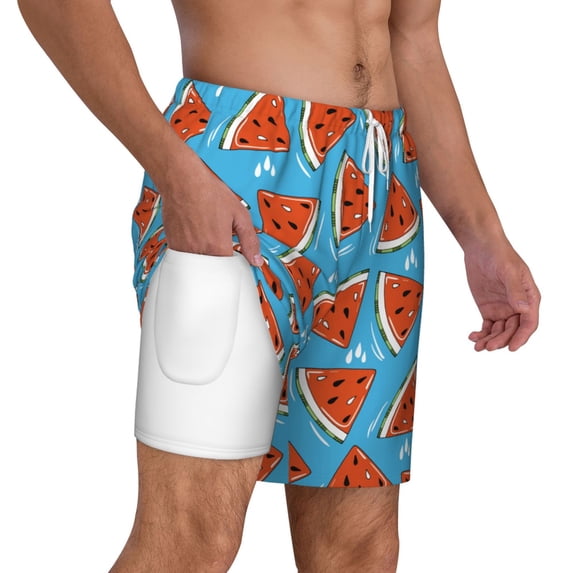 Uemuo Cartoon Watermelon Pattern Mens Swim Trunks Quick Dry Board Shorts with Mesh Lining, Stretch Beach Shorts Quick Dry No-Chafing Board Shorts-X-Large