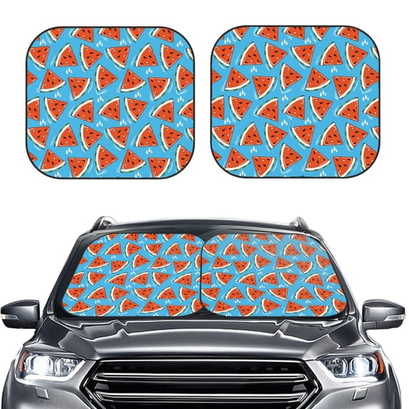 Uemuo Cartoon Watermelon Printed 2 PCS Car Windshield Sun Shade, Auto Sun Heat and UV Rays Blocker, Foldable Automotive Front Window Sunshade Protector