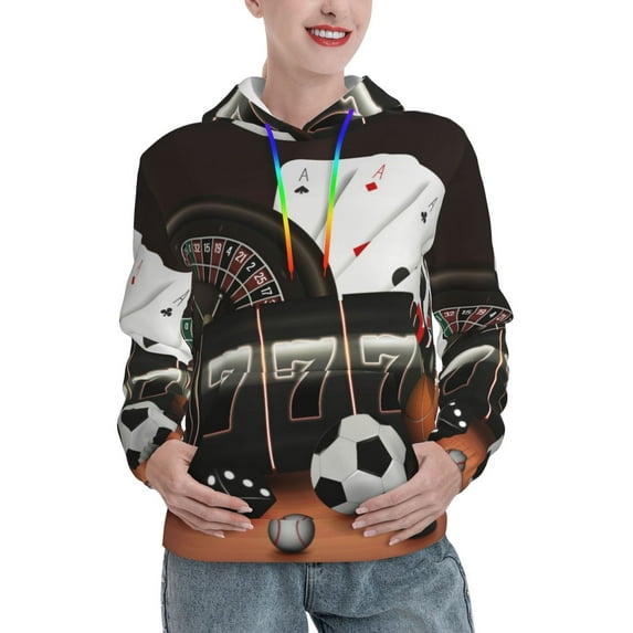 Uemuo Casino And Sports Pattern Women's Hoodie with Eye-catching Drawstrings- Casual Pullover Hoodie with Kangaroo Pocket, Stylish Hooded Sweatshirt-Small