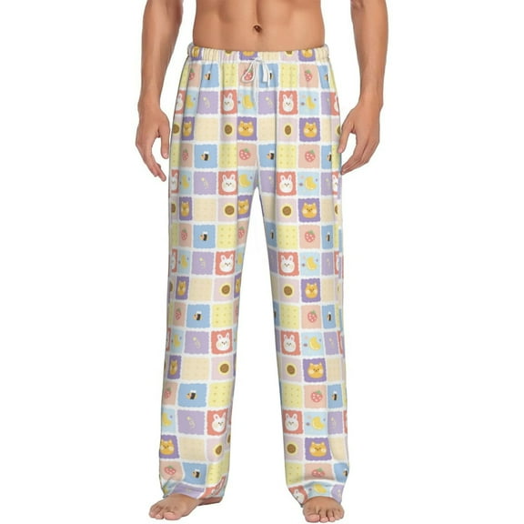 Uemuo Cat And Rabbit Pattern Men's Wide Leg Palazzo Lounge Pants with Pockets Light Weight Loose Comfy Casual Pajama Pants-Small
