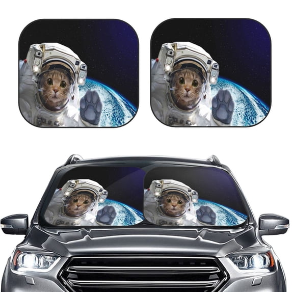 Uemuo Cat Astronaut Printed 2 PCS Car Windshield Sun Shade, Auto Sun Heat and UV Rays Blocker, Foldable Automotive Front Window Sunshade Protector