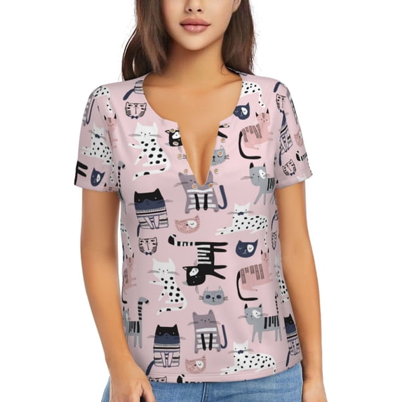 Uemuo Cat Drawing Women's Deep V-Neck Low Cut Tops - Casual Loose Fit with Stainless Steel Loop, Soft, Breathable, Perfect for Office, Travel, and Daily Wear-Small