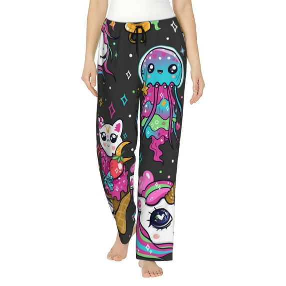 Uemuo Cat Icecream Pattern Women's Wide Leg Palazzo Lounge Pants with Pockets Light Weight Loose Comfy Casual Pajama Pants-Large