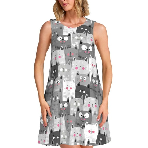 Uemuo Cats Group Pattern Women’s Sleeveless Dress – Casual Summer A-Line Dress, Stylish and Comfortable Sundress for Hot Weather