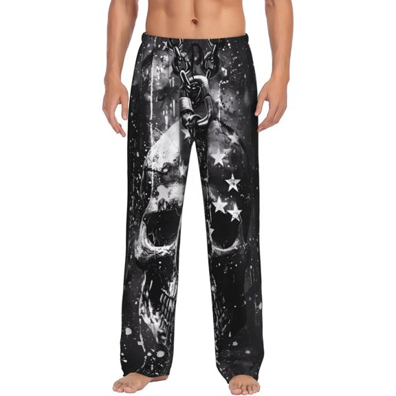 Uemuo Chained Skull Artwork Pattern Men's Wide Leg Palazzo Lounge Pants with Pockets Light Weight Loose Comfy Casual Pajama Pants-Medium