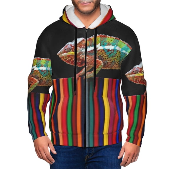 Uemuo Chameleon Panther On Colored Pencils for Men's Fashion Full-zip Hoodies & Sweatshirts with Kangaroo Pocket, Zip-up Hooded Sweatshirt, Moisture Wicking & Breathable-Small