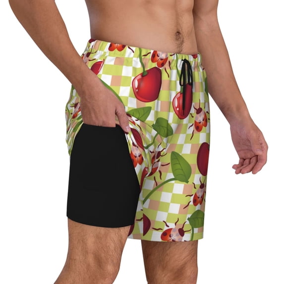 Uemuo Cherries and Ladybirds Pattern Mens Swim Trunks Quick Dry Board Shorts with Mesh Lining, Stretch Beach Shorts Quick Dry No-Chafing Board Shorts-Large