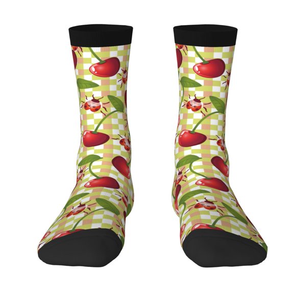 Uemuo Cherries and Ladybirds Pattern Women's Crew Socks, Soft Durable Breathable Moisture-Wicking with Odor Control Cotton socks