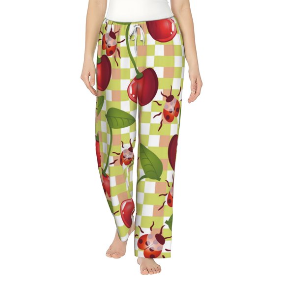 Uemuo Cherries and Ladybirds Pattern Women's Wide Leg Palazzo Lounge Pants with Pockets Light Weight Loose Comfy Casual Pajama Pants-X-Large