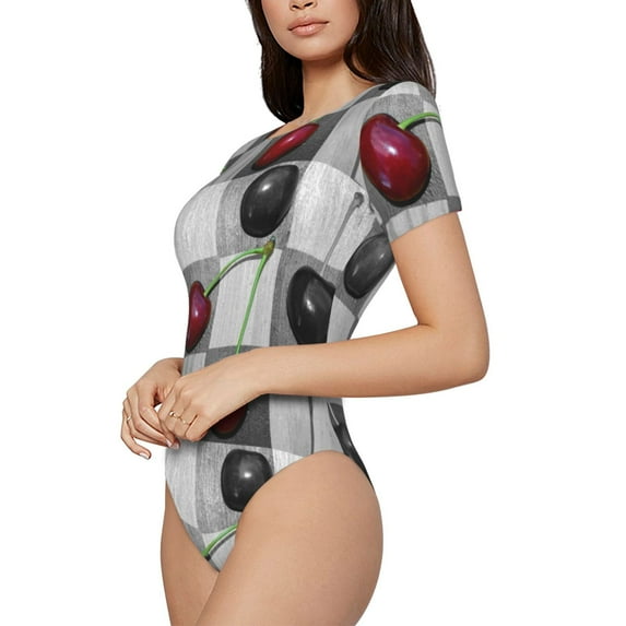 Uemuo Cherries laid Pattern Women's One Piece Short Sleeve Swimsuit Rash Guard Surfing Modest Quick-drying Swimsuit Beach Essentials-Medium