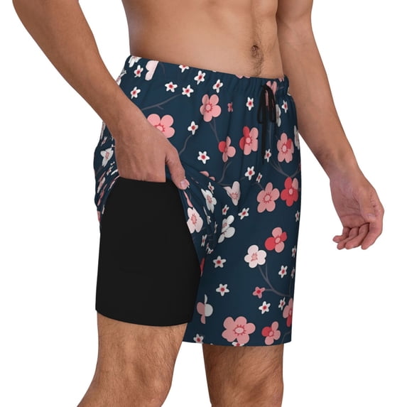 Uemuo Cherry Blossoms Pattern Mens Swim Trunks Quick Dry Board Shorts with Mesh Lining, Stretch Beach Shorts Quick Dry No-Chafing Board Shorts-3X-Large