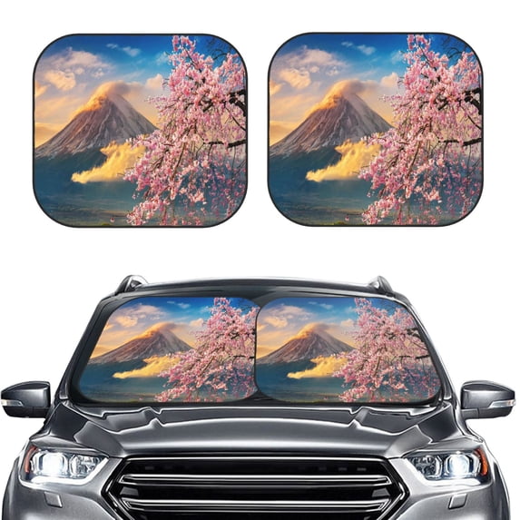 Uemuo Cherry Blossoms Printed 2 PCS Car Windshield Sun Shade, Auto Sun Heat and UV Rays Blocker, Foldable Automotive Front Window Sunshade Protector