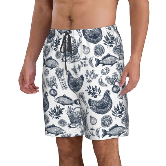 Uemuo Chicken And Fish Pattern Men's Swim Trunks Hawaiian Beach Bathing Suit Swimsuits Beach Quick-Dry Shorts with Pockets-X-Large
