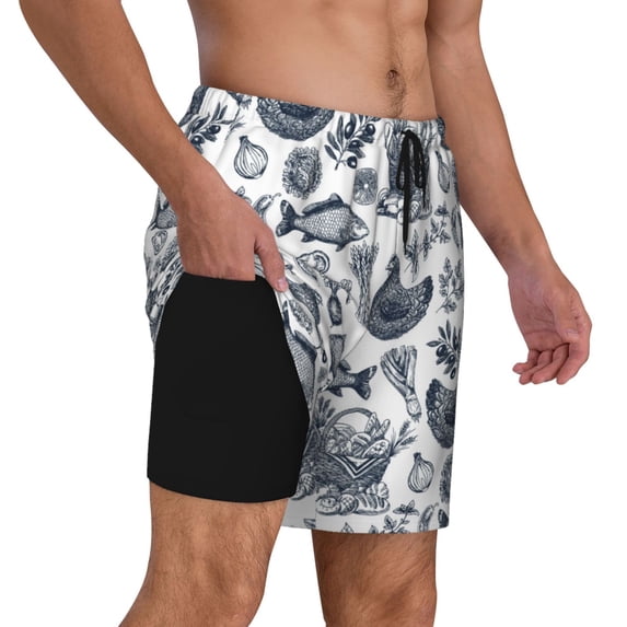 Uemuo Chicken And Fish Pattern Mens Swim Trunks Quick Dry Board Shorts with Mesh Lining, Stretch Beach Shorts Quick Dry No-Chafing Board Shorts-Large