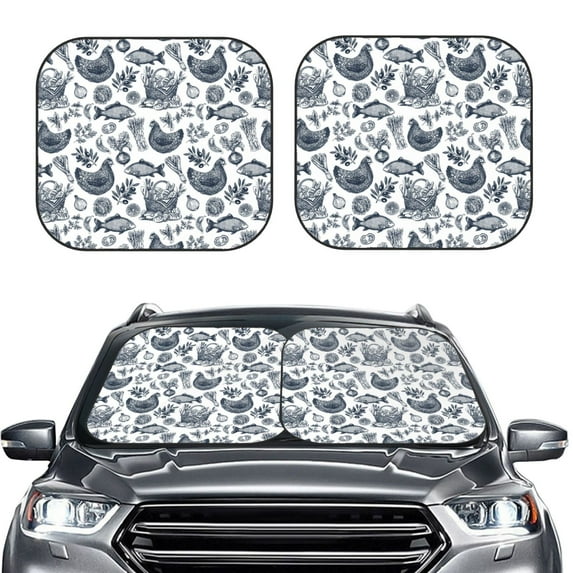 Uemuo Chicken And Fish Printed 2 PCS Car Windshield Sun Shade, Auto Sun Heat and UV Rays Blocker, Foldable Automotive Front Window Sunshade Protector