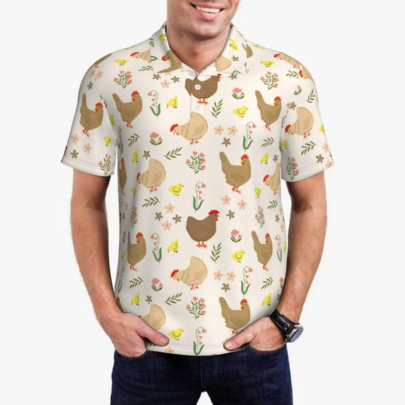 Uemuo Chicken Family for Men’s Golf Shirt – Premium Pique Cotton Polo, Soft & Breathable Casual Short Sleeve Shirt, Comfortable Activewear for Sports & Leisure-Small
