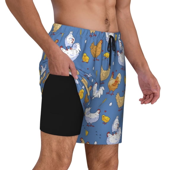Uemuo Chicken Family Pattern Mens Swim Trunks Quick Dry Board Shorts with Mesh Lining, Stretch Beach Shorts Quick Dry No-Chafing Board Shorts-XX-Large