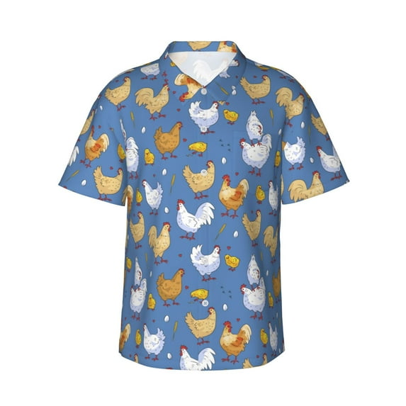 Uemuo Chicken Family Printed Regular Fit Short Sleeve Casual Hawaiian Shirt for Men,Aloha shirt,Tropical shirt,Floral print shirt,Vacation Beach shirt-