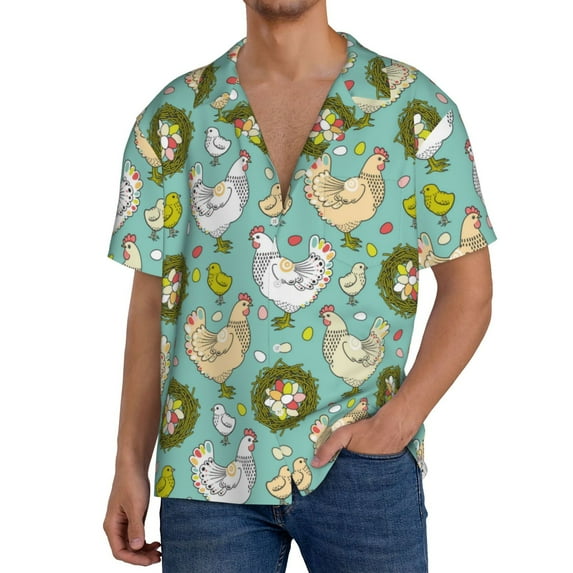 Uemuo Chicken Laying Eggs Pattern Cotton Linen Short Sleeve Shirts,Casual Lightweight Button Down Shirts,Vacation Beach Summer Tops-Medium