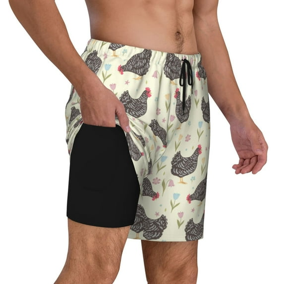 Uemuo Chickens And Flowers Pattern Mens Swim Trunks Quick Dry Board Shorts with Mesh Lining, Stretch Beach Shorts Quick Dry No-Chafing Board Shorts-X-Large