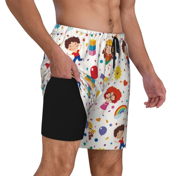 Uemuo Childrens Party Pattern Mens Swim Trunks Quick Dry Board Shorts with Mesh Lining, Stretch Beach Shorts Quick Dry No-Chafing Board Shorts-Large