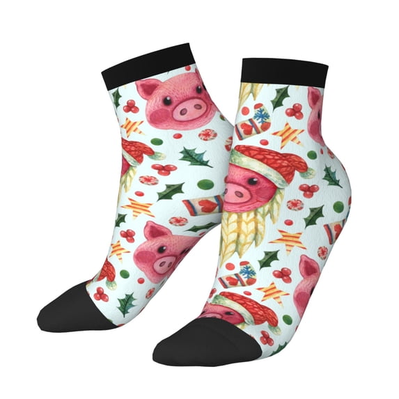 Uemuo Christmas Cute Pigs Printed Crew Socks, Moisture-Wicking Socks, Athletic Socks for Men Breathable Cushion Socks Casual Sport Socks for Running Traveling