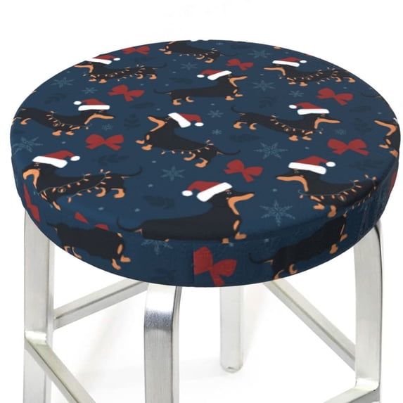 Uemuo Christmas Dachshund Pattern Round Bar Stool Seat Covers Washable Stool Cushion Slipcover Elastic Bar Chair Covers-14 inch