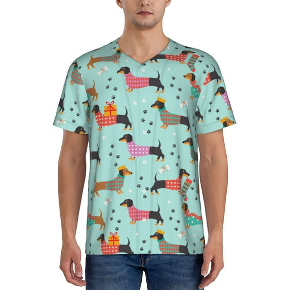 Uemuo Christmas Dachshund Print Mens Polo Shirts Baseball T-shirt Performance Short Sleeve Golf Shirt Moisture Wicking Athletic Casual Collared T-Shirt-XX-Large