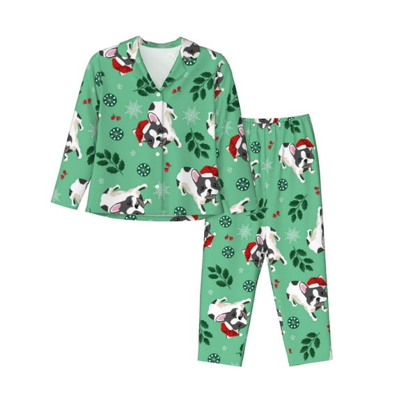 Uemuo Christmas French Bulldog Pattern Womens Pajama Sets,PJ Set for Women,Pajamas for Women Logo,Long Sleeve Pajama Set for Women,Soft Long Sleeve Top With Pants-Medium