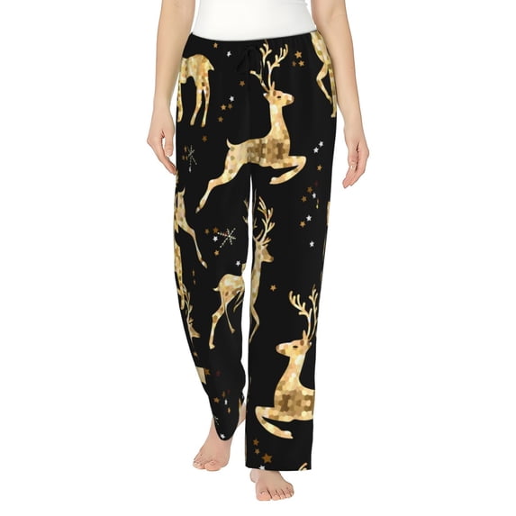 Uemuo Christmas Gold Deers Pattern Women's Wide Leg Palazzo Lounge Pants with Pockets Light Weight Loose Comfy Casual Pajama Pants-Medium