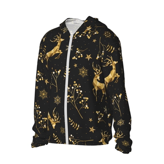 Uemuo Christmas Gold Deers1 Pattern Women's Full Zip UPF 50+ Sun Protection Hoodie Jacket Long Sleeve Sun Shirt Hiking Outdoor Performance with Pockets-Large