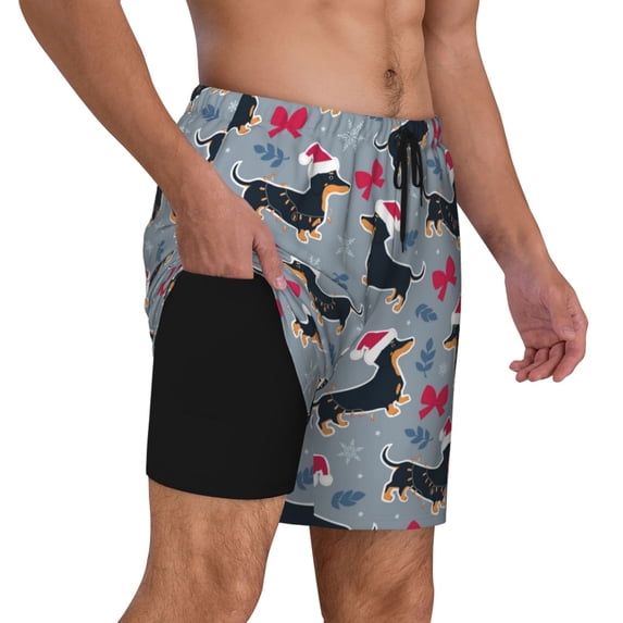Uemuo Christmas Hat Dachshund Pattern Mens Swim Trunks Quick Dry Board Shorts with Mesh Lining, Stretch Beach Shorts Quick Dry No-Chafing Board Shorts-XX-Large