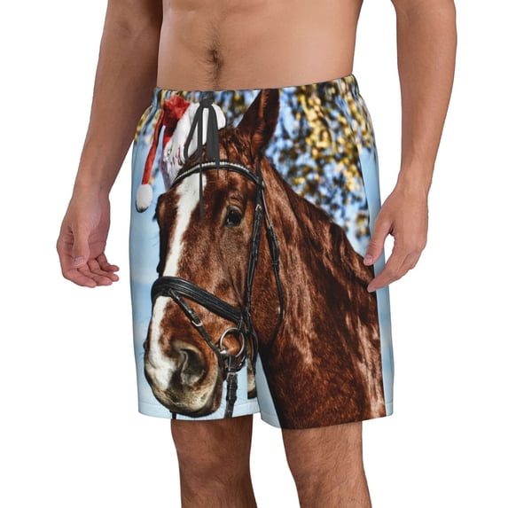 Uemuo Christmas Horse Pattern Men's Swim Trunks Hawaiian Beach Bathing Suit Swimsuits Beach Quick-Dry Shorts with Pockets-Medium