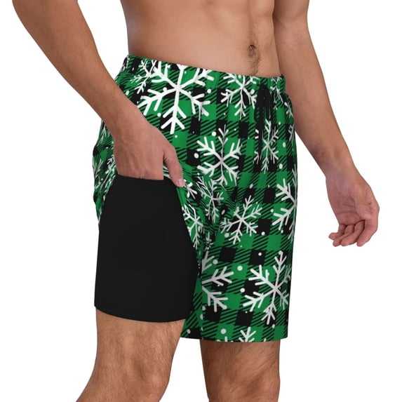 Uemuo Christmas Pattern At Buffalo Plaid Pattern Mens Swim Trunks Quick Dry Board Shorts with Mesh Lining, Stretch Beach Shorts Quick Dry No-Chafing Board Shorts-X-Large