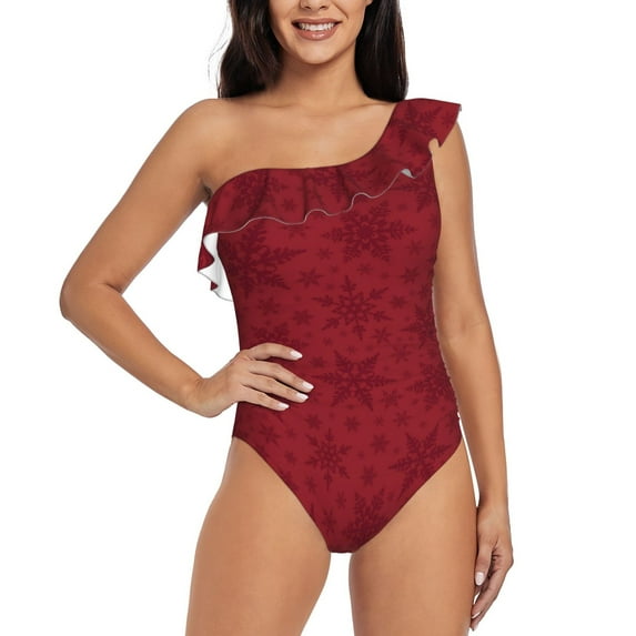 Uemuo Christmas Red Snowflakes Print Women's One Piece Swimsuit Asymmetrical Neck Bathing Suit One Shoulder Side Cutout Ruffle Swimwear-Medium