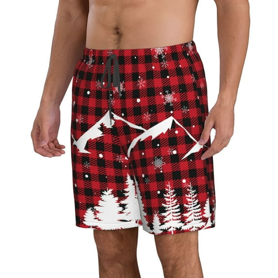 Uemuo Christmas Tree Buffalo Plaid Pattern Men's Swim Trunks Hawaiian Beach Bathing Suit Swimsuits Beach Quick-Dry Shorts with Pockets-X-Large