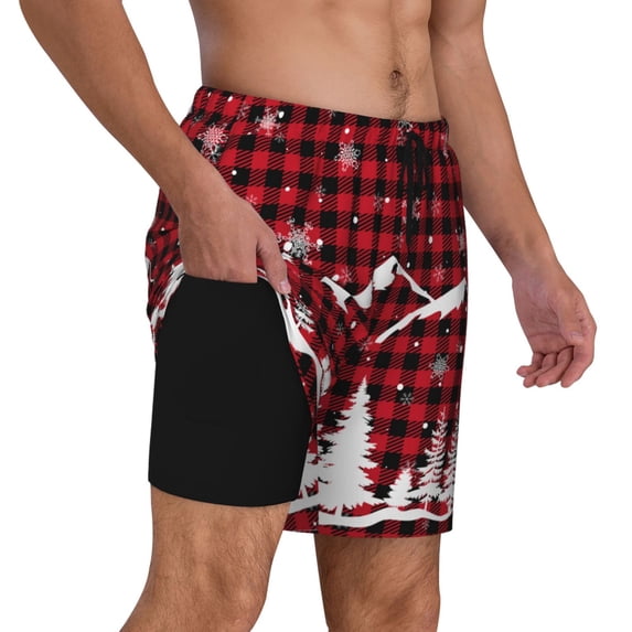 Uemuo Christmas Tree Buffalo Plaid Pattern Mens Swim Trunks Quick Dry Board Shorts with Mesh Lining, Stretch Beach Shorts Quick Dry No-Chafing Board Shorts-Large