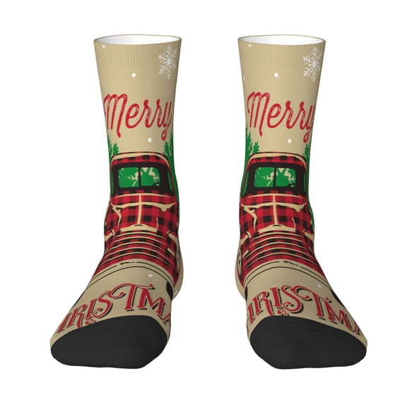 Uemuo Christmas Vintage Red Truck Pattern Women's Crew Socks, Soft Durable Breathable Moisture-Wicking with Odor Control Cotton socks