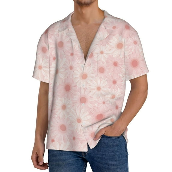Uemuo Chrysanthemum Pattern Cotton Linen Short Sleeve Shirts,Casual Lightweight Button Down Shirts,Vacation Beach Summer Tops-X-Large