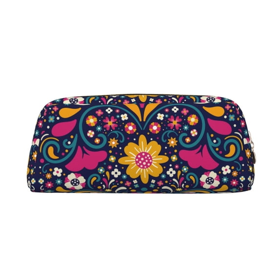 Uemuo Cinco De Mayo Floral Printed Leather Pencil Case, Pencil Pouch, Portable Pencil Bag, Pen Case for& Office