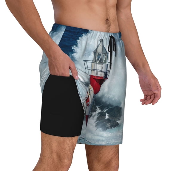 Uemuo Circular Lighthouse Pattern Mens Swim Trunks Quick Dry Board Shorts with Mesh Lining, Stretch Beach Shorts Quick Dry No-Chafing Board Shorts-X-Large
