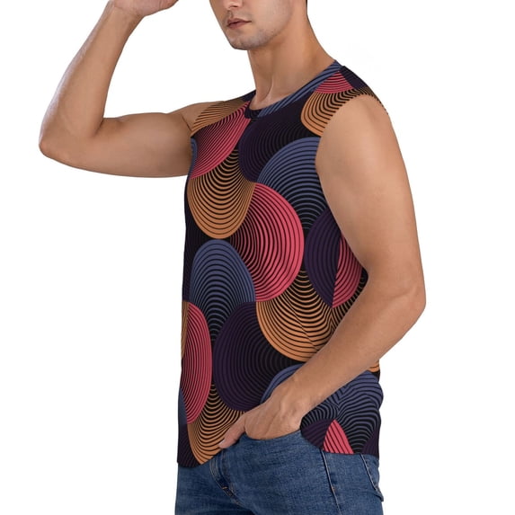 Uemuo Circular Stripes Pattern Men's Sleeveless T-Shirt,Muscle Athletic Tank Top, Moisture-wicking Quick-dry Breathable Classic Tee Top for Gym Run Outdoor Sports-X-Large