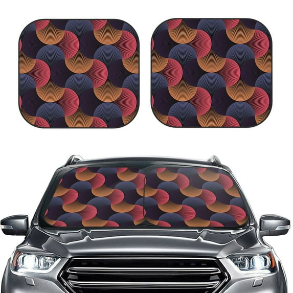 Uemuo Circular Stripes Printed 2 PCS Car Windshield Sun Shade, Auto Sun Heat and UV Rays Blocker, Foldable Automotive Front Window Sunshade Protector