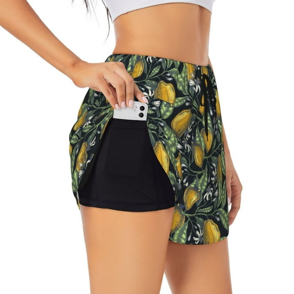 Uemuo Citrus Fruits Elegant Lemons Pattern Women's Athletic Shorts High Waisted Running Shorts with Liner Pockets Gym Elastic Workout Shorts-Small