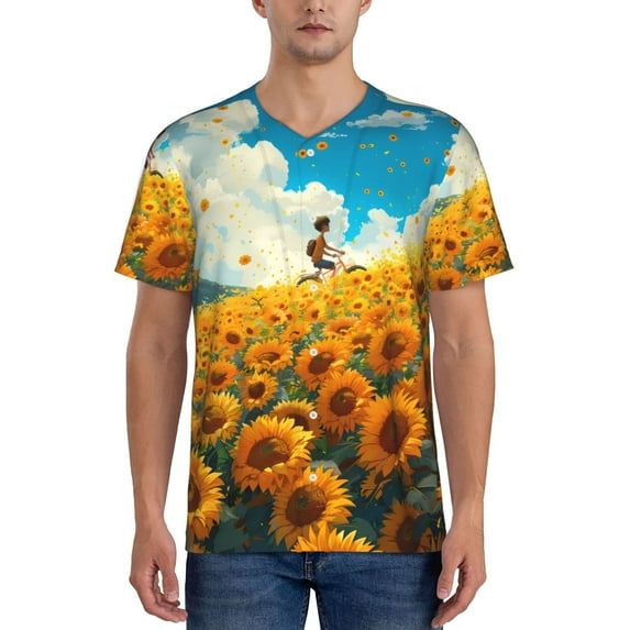 Uemuo Clear Sky Sunflower Print Mens Polo Shirts Baseball T-shirt Performance Short Sleeve Golf Shirt Moisture Wicking Athletic Casual Collared T-Shirt-3X-Large