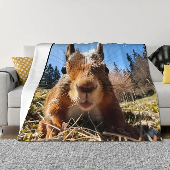 Uemuo Close-Up Curious Squirrel Printed Throw Blanket for Couch, Fluffy Fuzzy Blankets for Bed, Sofa, Cozy Flannel Faux Fur Blanket-60"x50"