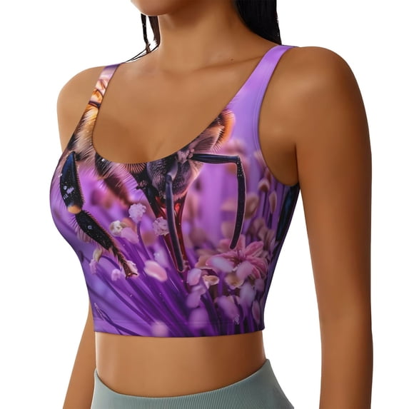 Uemuo Closeup Honeybee on Flower Pattern Women's Sports Bra - High Impact Support, Breathable, and Comfortable Athletic Bra for Running, Yoga, and Workouts